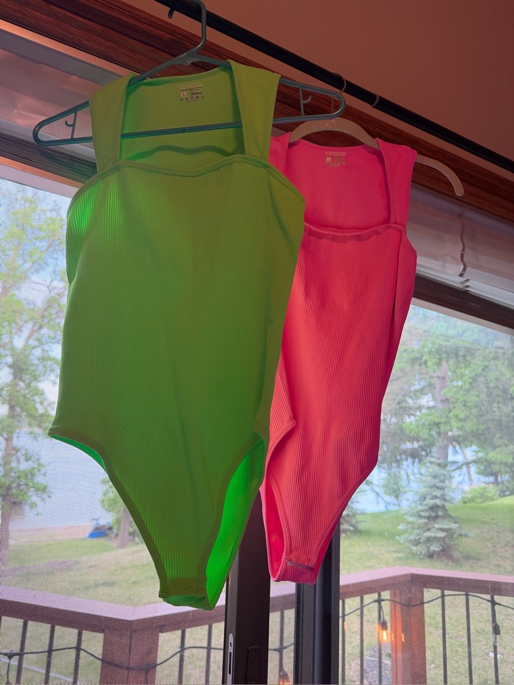 Set OQQ Women’s large Neon Green & Pink Ribbed Bodysuits - Square Neck
